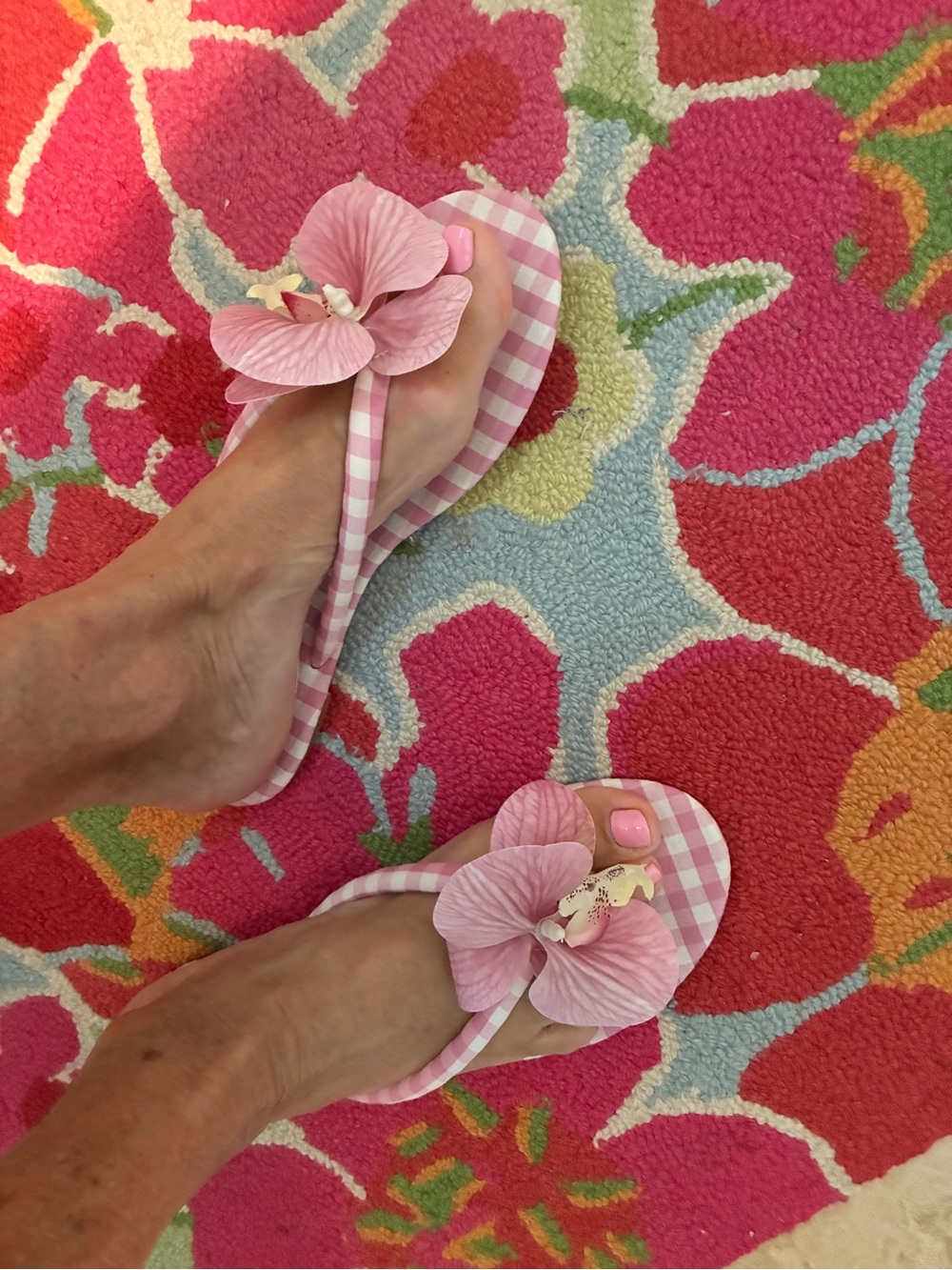 Pink Floral Gingham Flip-Flop Sandals for Women